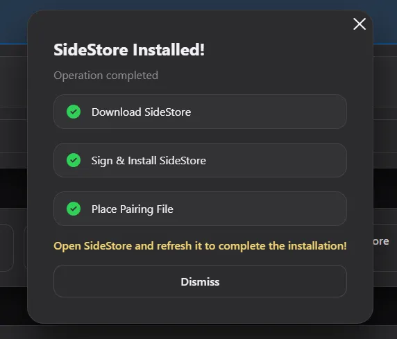 iLoaderでSideStoreのインストールが完了した画面