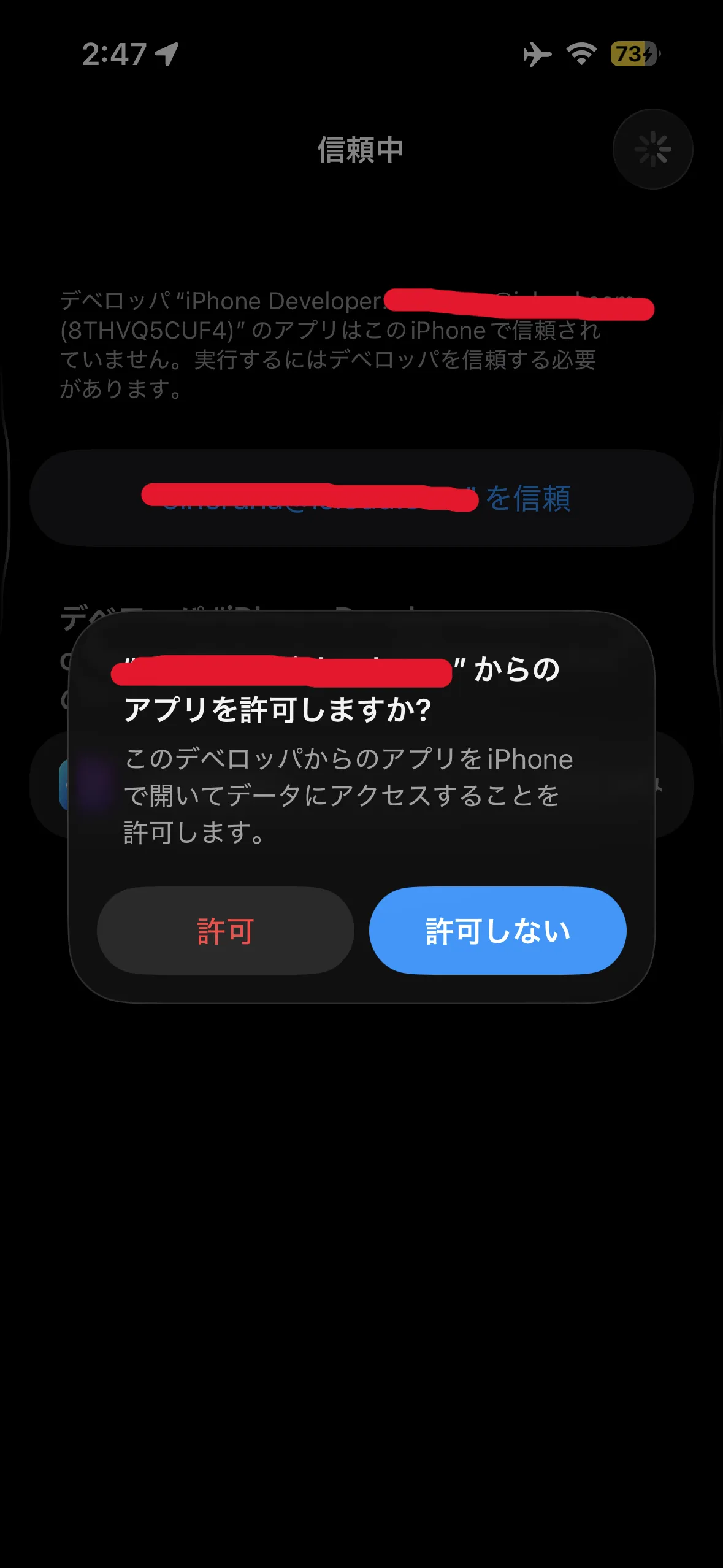 iPhoneで開発元を信頼する画面